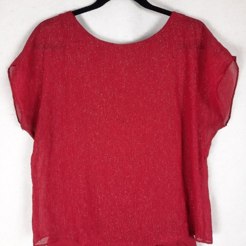 Express Womens Size Medium Blouse Red Metallic Holiday Shirt Lined Chiffon Shirt